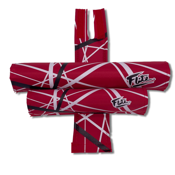 Jump 3 piece BMX pad set made in the USA by FliteBMX Flite BMX Red with white and black lines Van Halen inspired bar stem and frame pad sold as a set