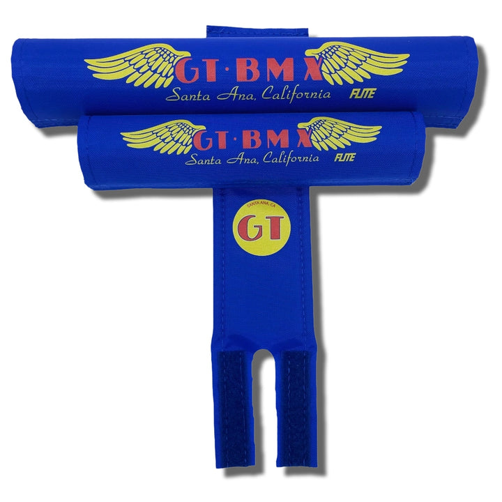 GT Santa Ana wings Logo three piece bmx pad set textured blue with Yellow and Red logo licensed made by FliteBMX