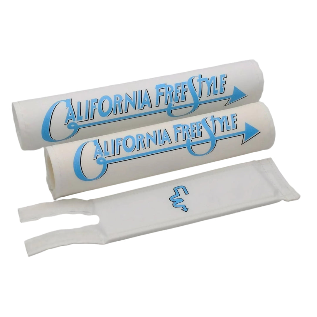 California FreeStyle 3 piece BMX Pad set by Flite licensed CW Double cross bar - fits CA Freestyle double bars.  Frame bar stem pads white textured nylon fabric with blue se blue light blue  logo