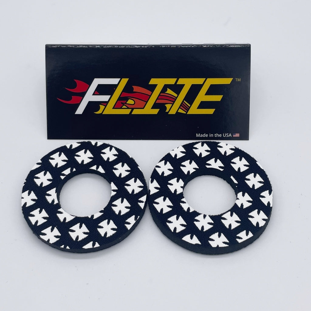 Iron Cross grip donuts for MX BMX by Flite neoprene solid in a pair black with white cross