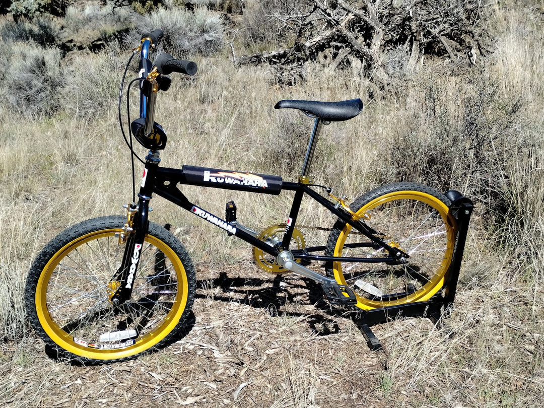 Kuwahara bmx KZ bmx bike black with gold anodized parts and v-bar bmx pad set