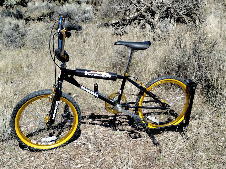 Kuwahara bmx KZ bmx bike black with gold anodized parts and v-bar bmx pad set