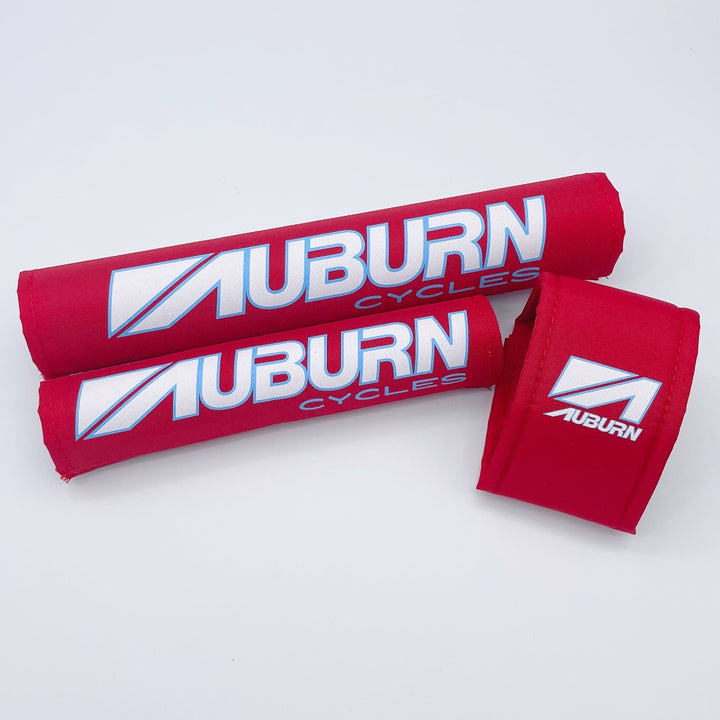 Auburn 3 piece bmx padset '88-'89 log printed onRed textured nylon bar stem frame by FliteBMX