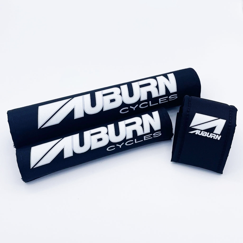 Auburn 3 piece bmx padset '88-'89 log printed on black textured nylon bar stem frame by Flite 