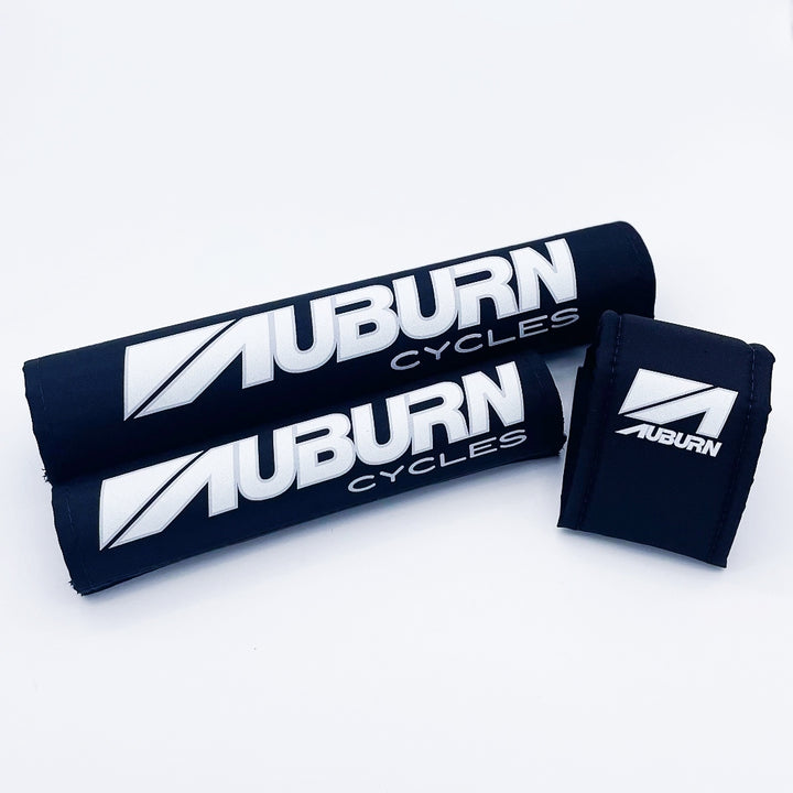 Auburn 3 piece bmx padset '88-'89 log printed on black textured nylon bar stem frame by Flite 