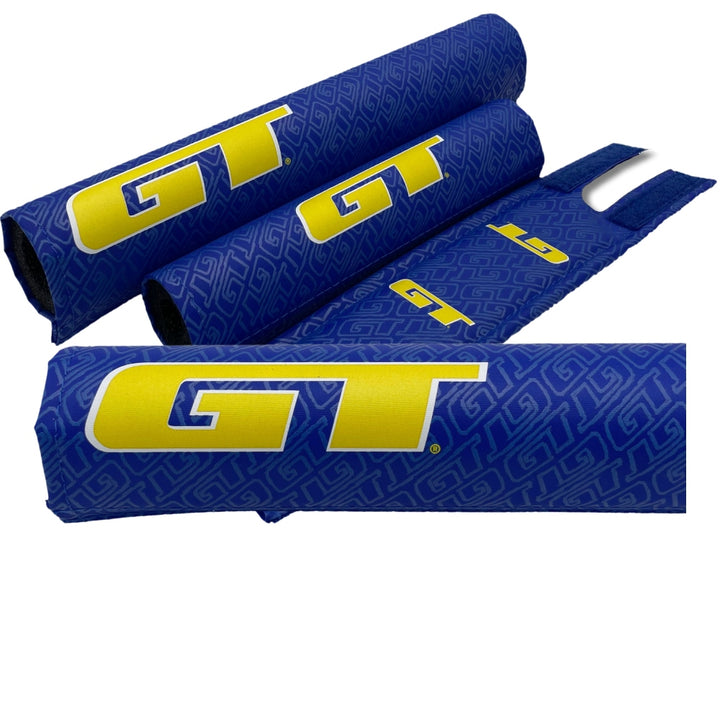 GT BMX 3 piece Pad set The firm made by Flite in Blue repeating logo background with Yellow large GT logo overlayed. Frame bar stem FliteBMX