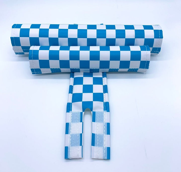Checker pad set by Flite bar frame stem pad 80's 90's retro BMX made in the USA Blue lagoon and white