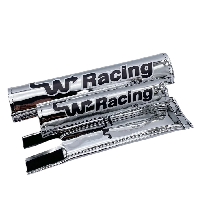 CW Racing 3 piece BMX pad set made by FliteBMX mirrored chrome fabric with black logo