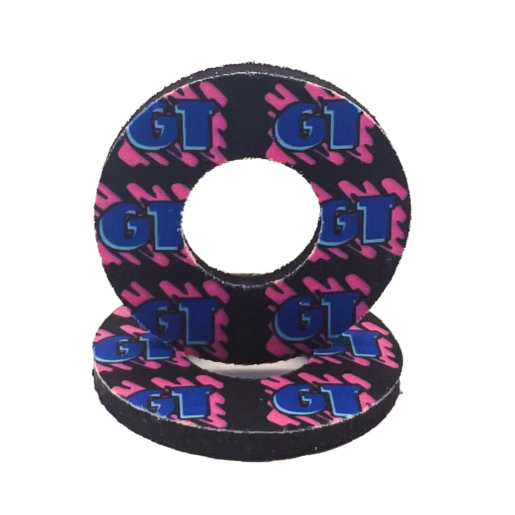 GT Freestyle throw back style donuts made by FliteBMX sold in a pair black background pink scribble blue gt logo