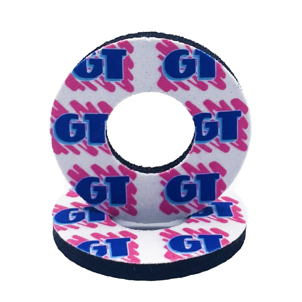 GT Freestyle throwback grip donuts pink scribble with GT blue logo sold in a pair