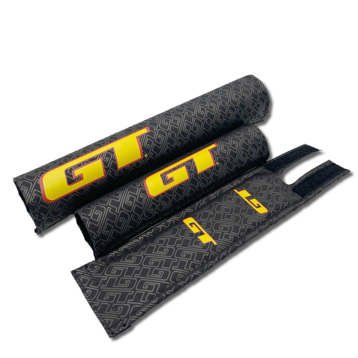 GT BMX 3 piece pad set by Flite Speedlines repeating GT logo backround with large yellow logos red outline Frame bar stem pad upgraded from the original screen print for crisper lines