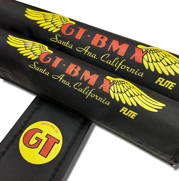 GT Santa Ana wings 3 piece BMX pad set Black textured nylon with Red and Yellow Logo made and licensed by FliteBMX