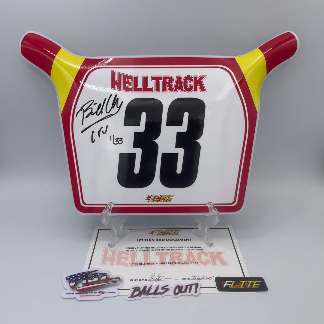 HellTrack number plate signed by Bill Allen with 33 made by FliteBMX Flite BMX comes with stickers and certificate 