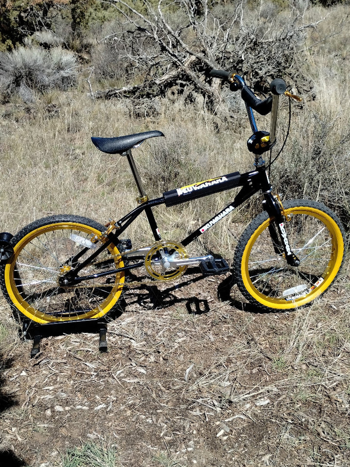 black and gold kuwahara 20" bicycle in grass right side 