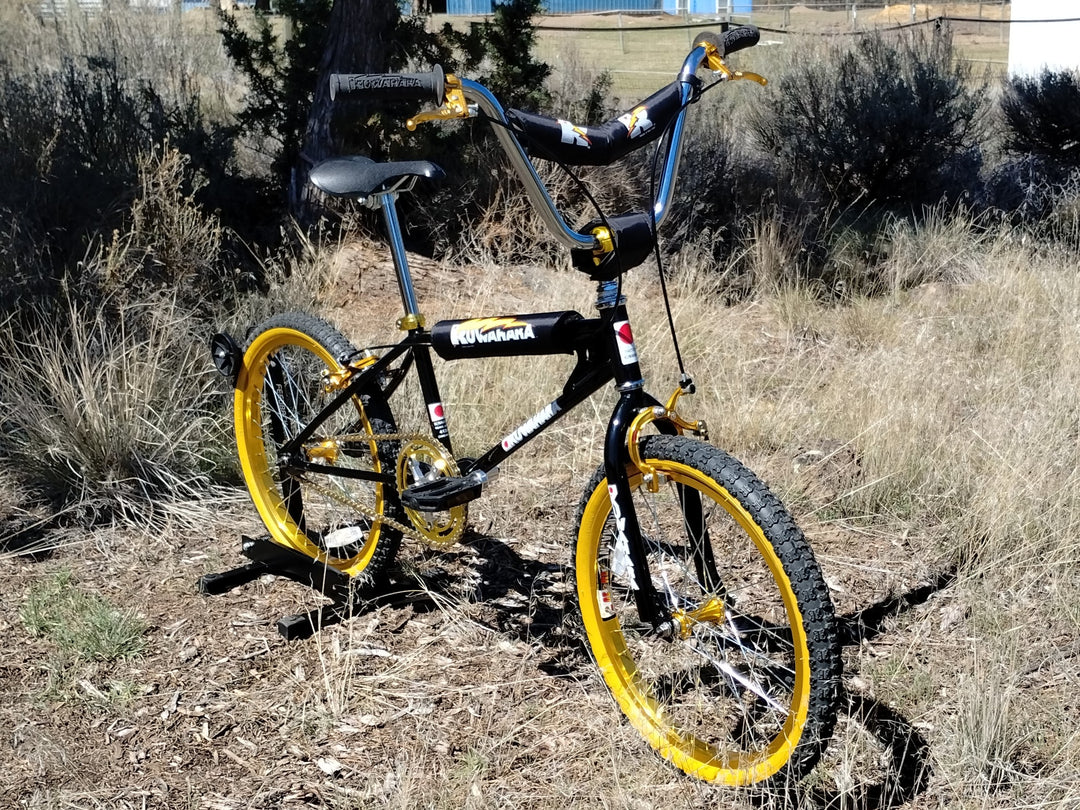 Kuwahara KZ-1 KZ-01 retro bmx Black and gold bmx bicycle in a dry, grassy outdoor area