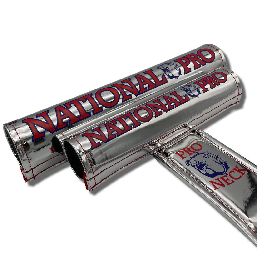 Chrome National Pro BMX pad set padsets by Flite mirror chrome with red and blue logo 3 piece set frame bar stem pad