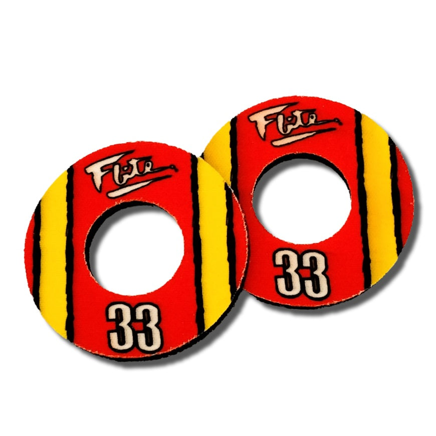 pair of red and yellow rad movie grip donuts