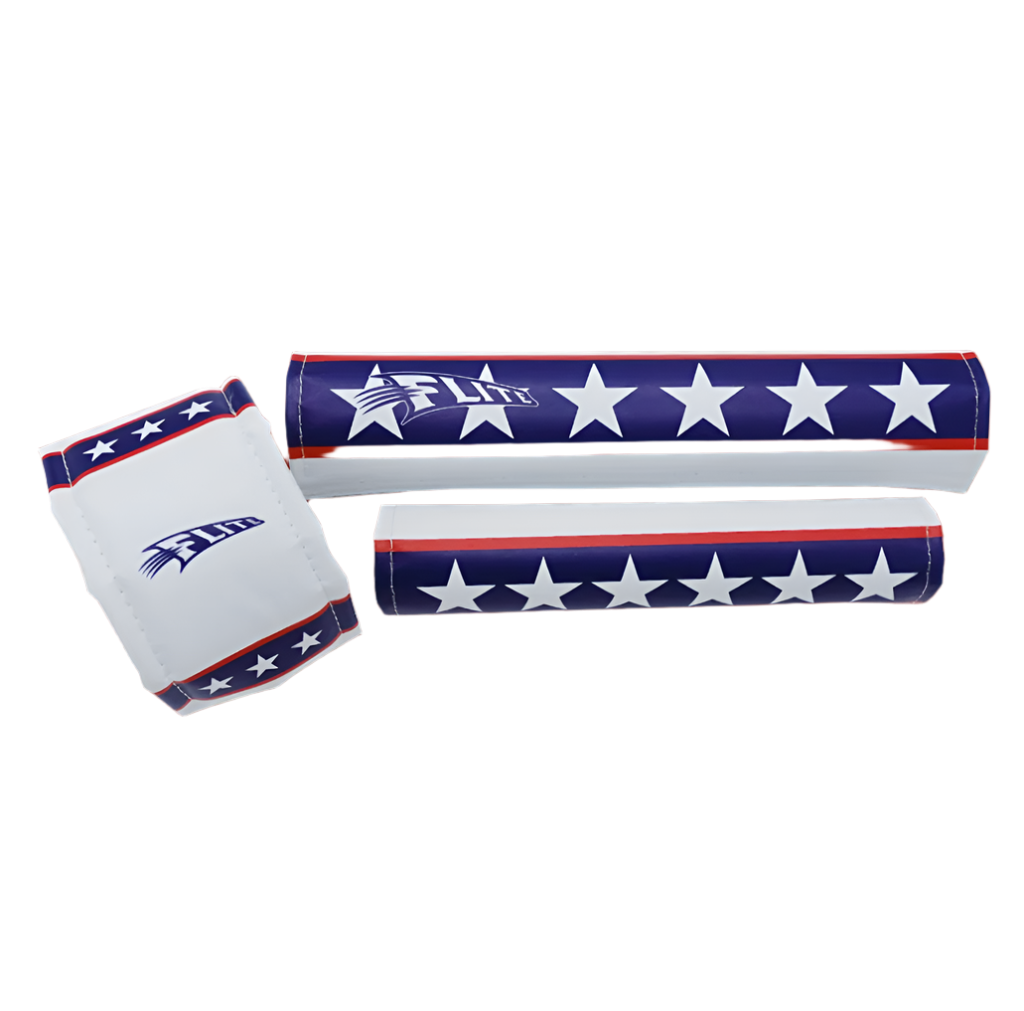 3 piece BMX pad set by FliteBMX Flite white smooth nylon with stars and stripes frame pad bar stem all included made in the USA