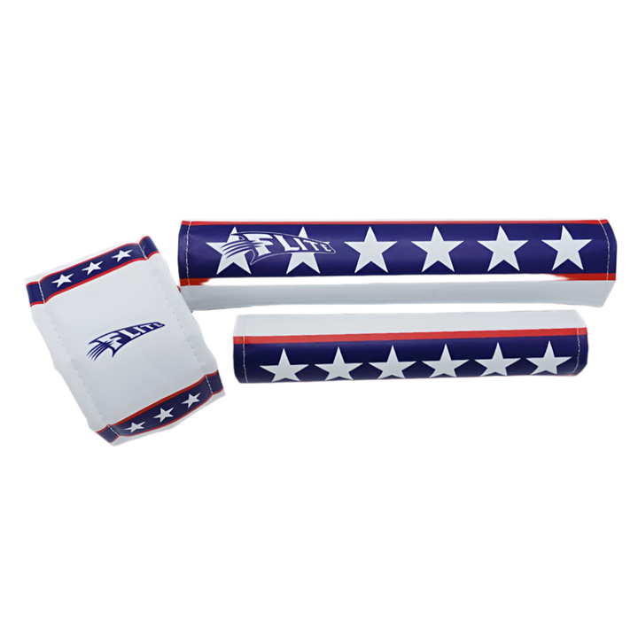 3 piece BMX pad set by FliteBMX Flite white smooth nylon with stars and stripes frame pad bar stem all included made in the USA