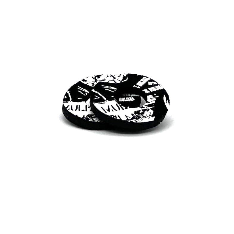 Black round motorcycle grip with white graphic.