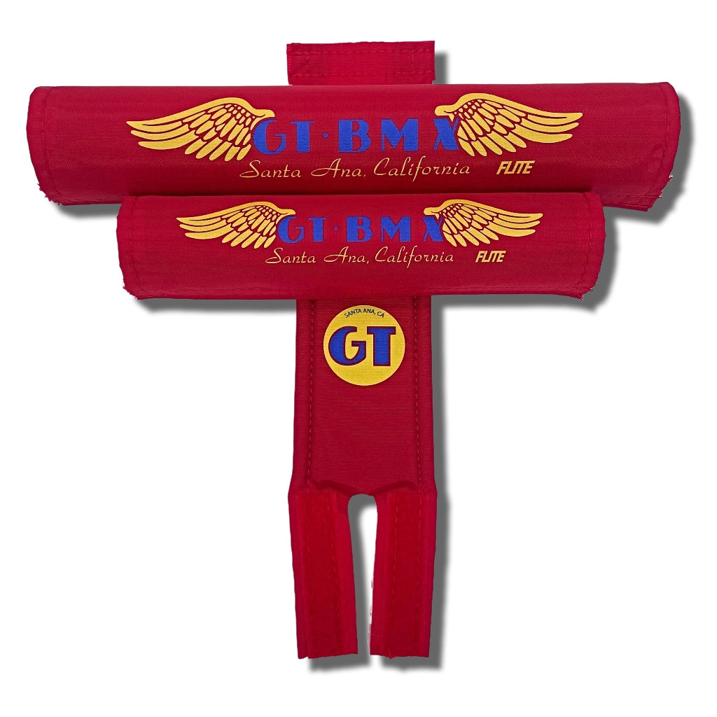 GT Santa Ana wings 3 piece BMX pad set textured red nylon with Blue and yellow logo licensed made by FliteBMX