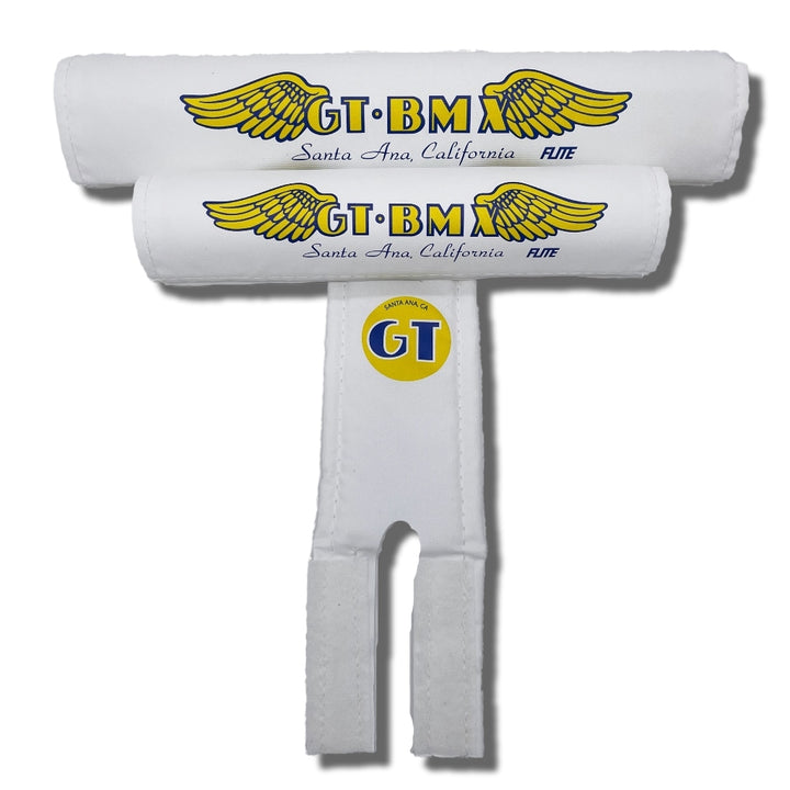 GT Santa Ana wings 3 piece BMX pad set made and licensed by FliteBMX textured white nylon with Yellow and Blue logo