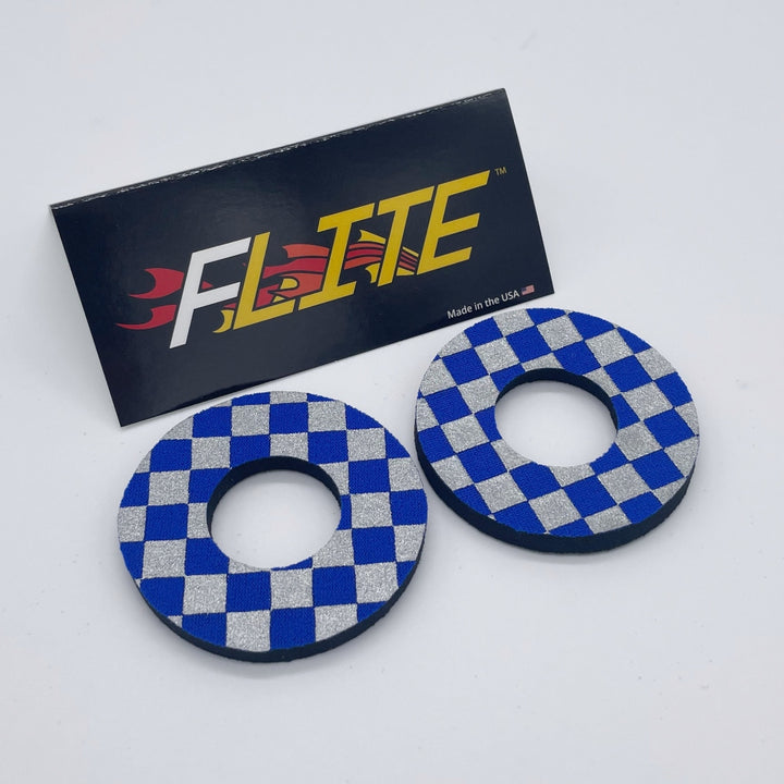 Anodized checker donuts for BMX MX by Flite made in the USA chrome blue neoprene