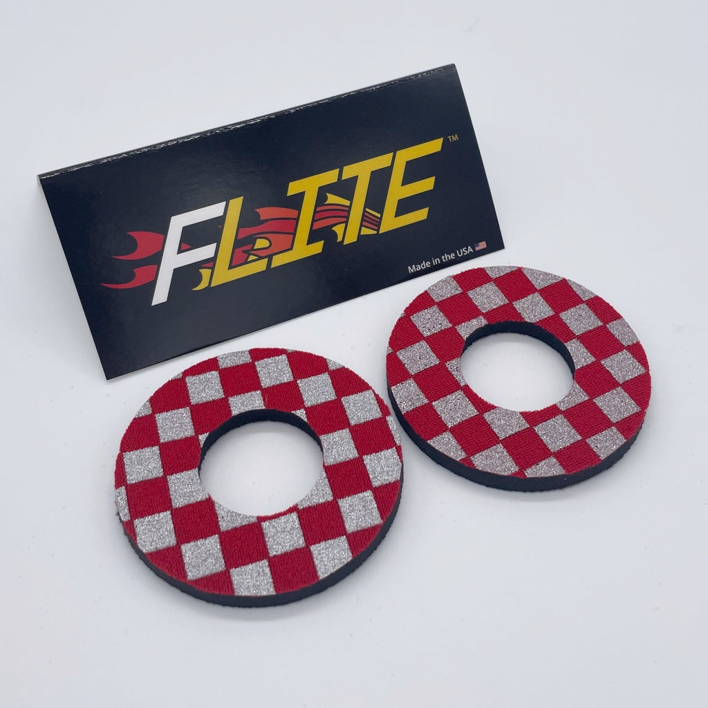 Anodized checker donuts for BMX MX by Flite made in the USA chrome red neoprene