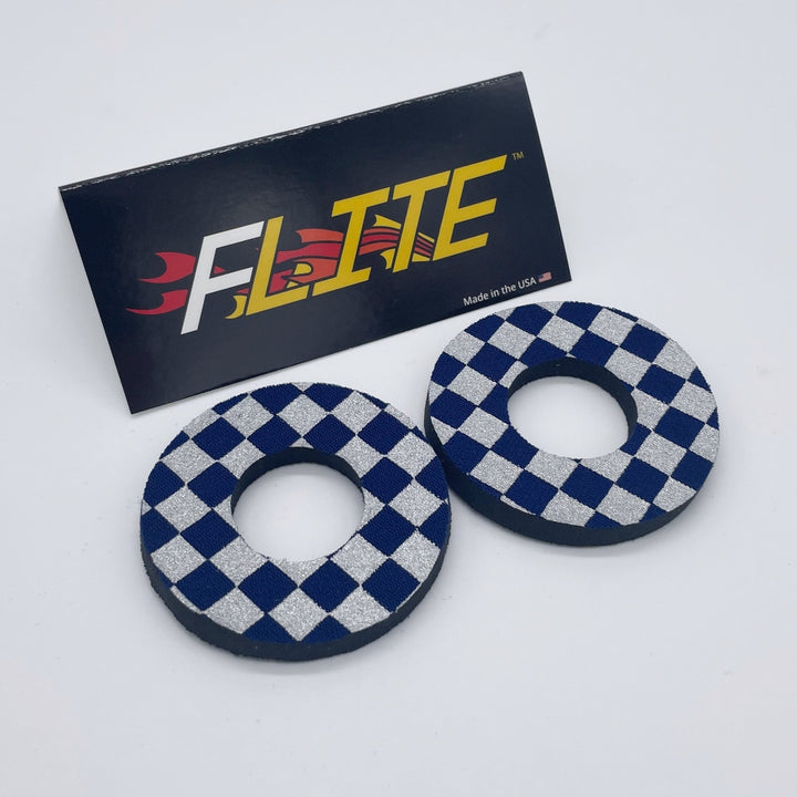 Anodized checker donuts for BMX MX by Flite made in the USA chrome navy blue neoprene