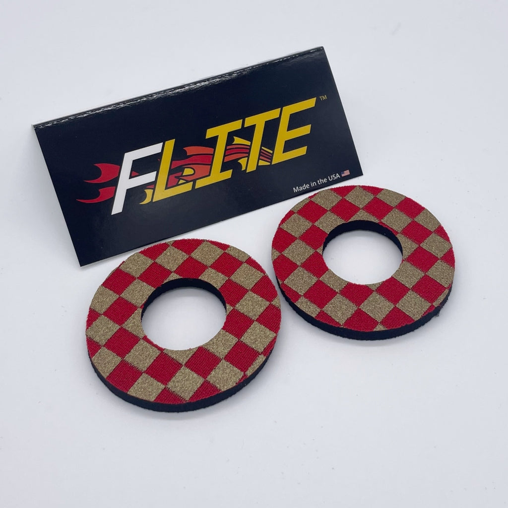 Anodized checker donuts for BMX MX by Flite made in the USA gold red neoprene 