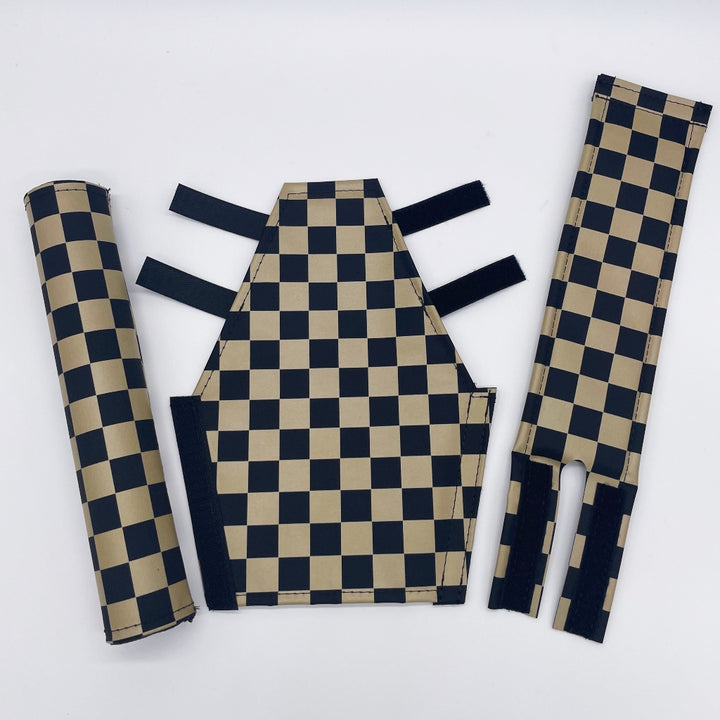Quad Angle BMX pad set by Flite Checker with extra wide bar pad and 14" stem printed on smooth nylon black and tan checkers