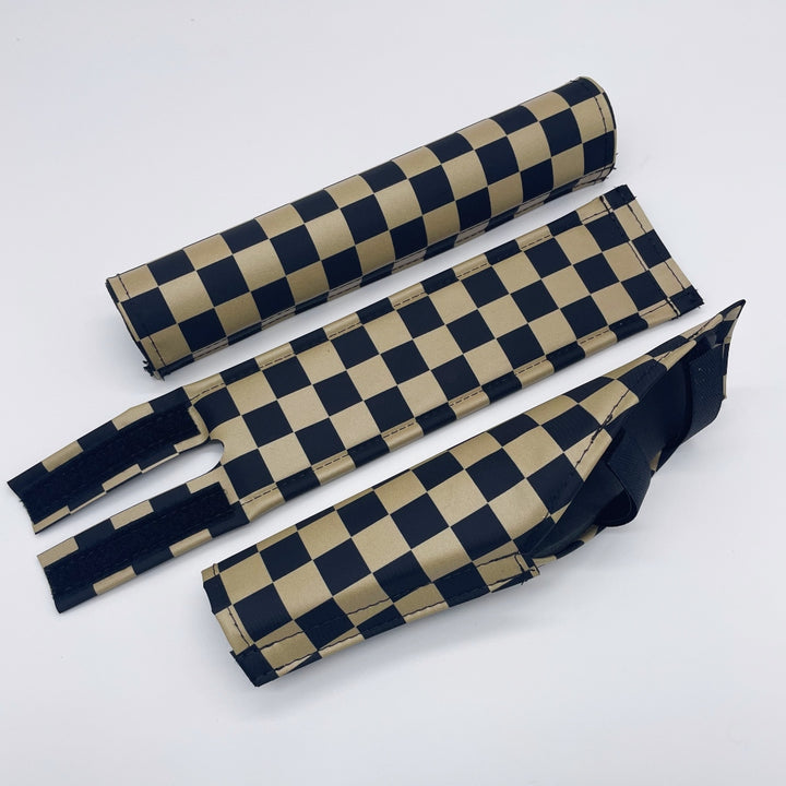 Quad Angle BMX pad set by Flite Checker with extra wide bar pad and 14" stem printed on smooth nylon black and tan checkers