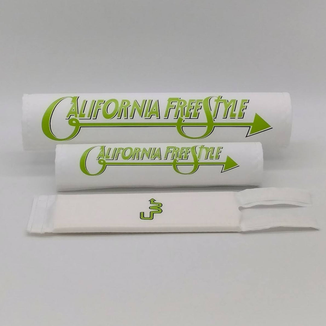 California FreeStyle BMX 3 piece Pad Set CW by Flite White textured nylon with Green logo reproduction of original art work