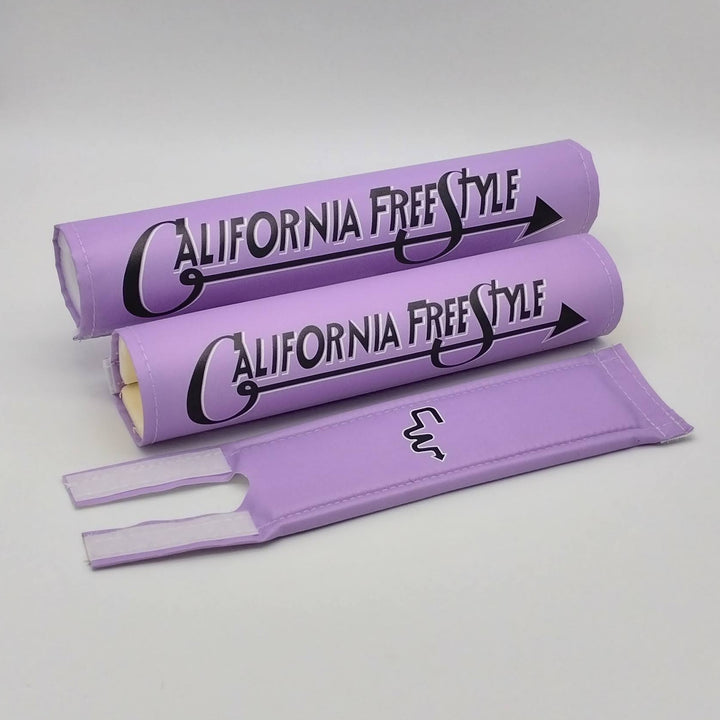 California FreeStyle 3 piece BMX Pad set by Flite licensed CW Frame bar stem pads purple textured nylon fabric with black logo Double cross bar - fits CA Freestyle double bars.  10.5" x 8.25" and 1/4" flat white foam