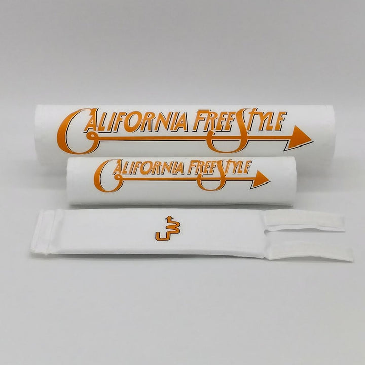 California FreeStyle BMX Pad Set CW by Flite White Textured nylon with Orange logo reproduction of original art work