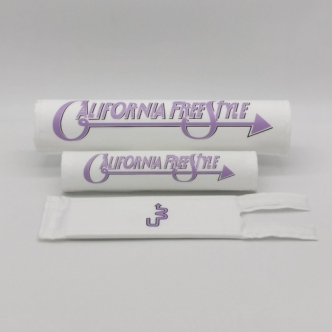 California FreeStyle BMX 3 piece BMX Pad Set CW by Flite White textured nylon with Purple lilac lavender logo reproduction of original art work