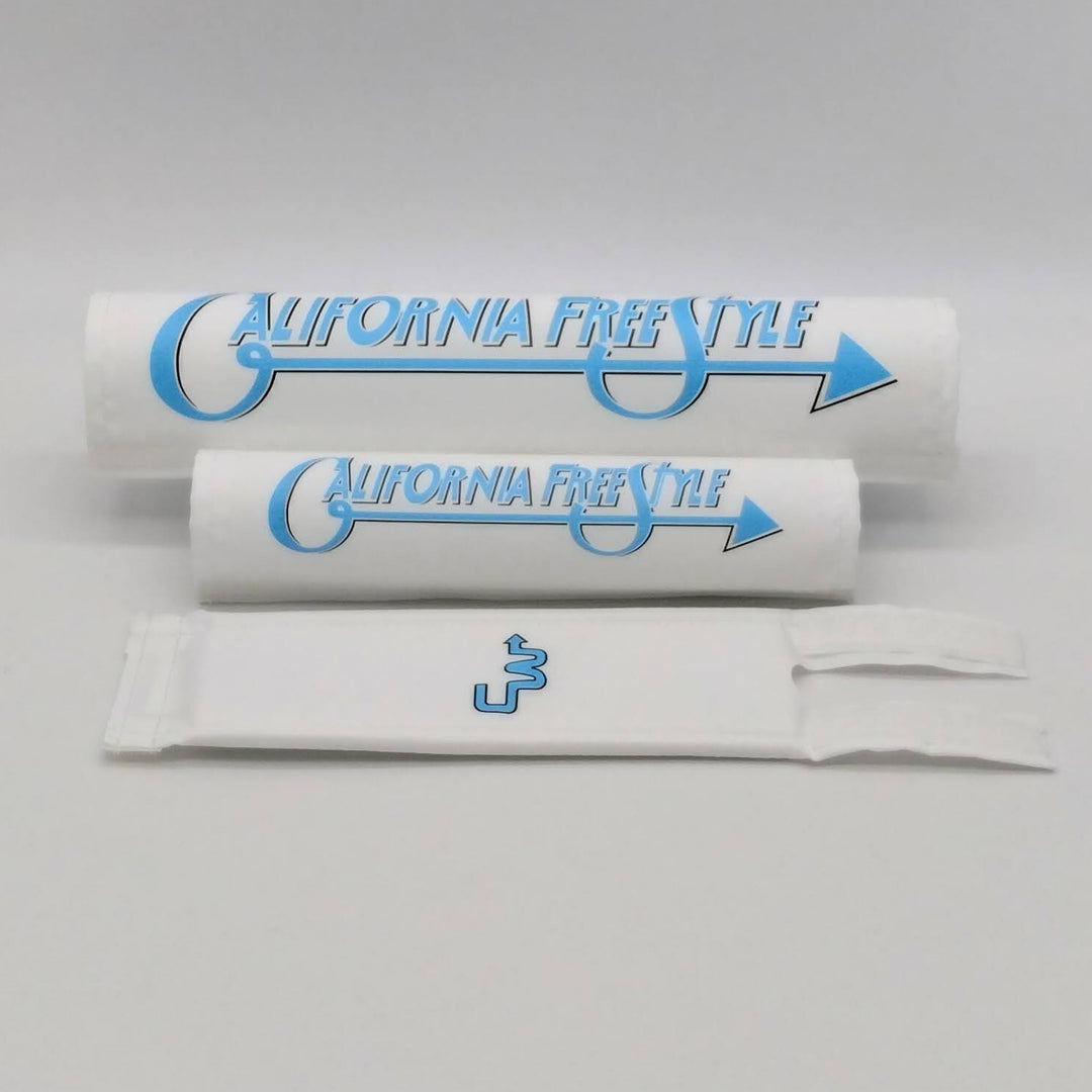 California FreeStyle BMX 3 piece Pad Set CW by Flite White textured nylon with Light Blue logo reproduction of original art work