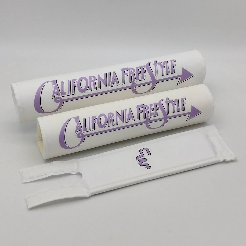 California FreeStyle 3 piece BMX Pad set by Flite licensed CW Double cross bar - fits CA Freestyle double bars.  10.5" x 8.25" and 1/4" flat white foam Frame bar stem pads white textured nylon fabric with purple lavender  logo 