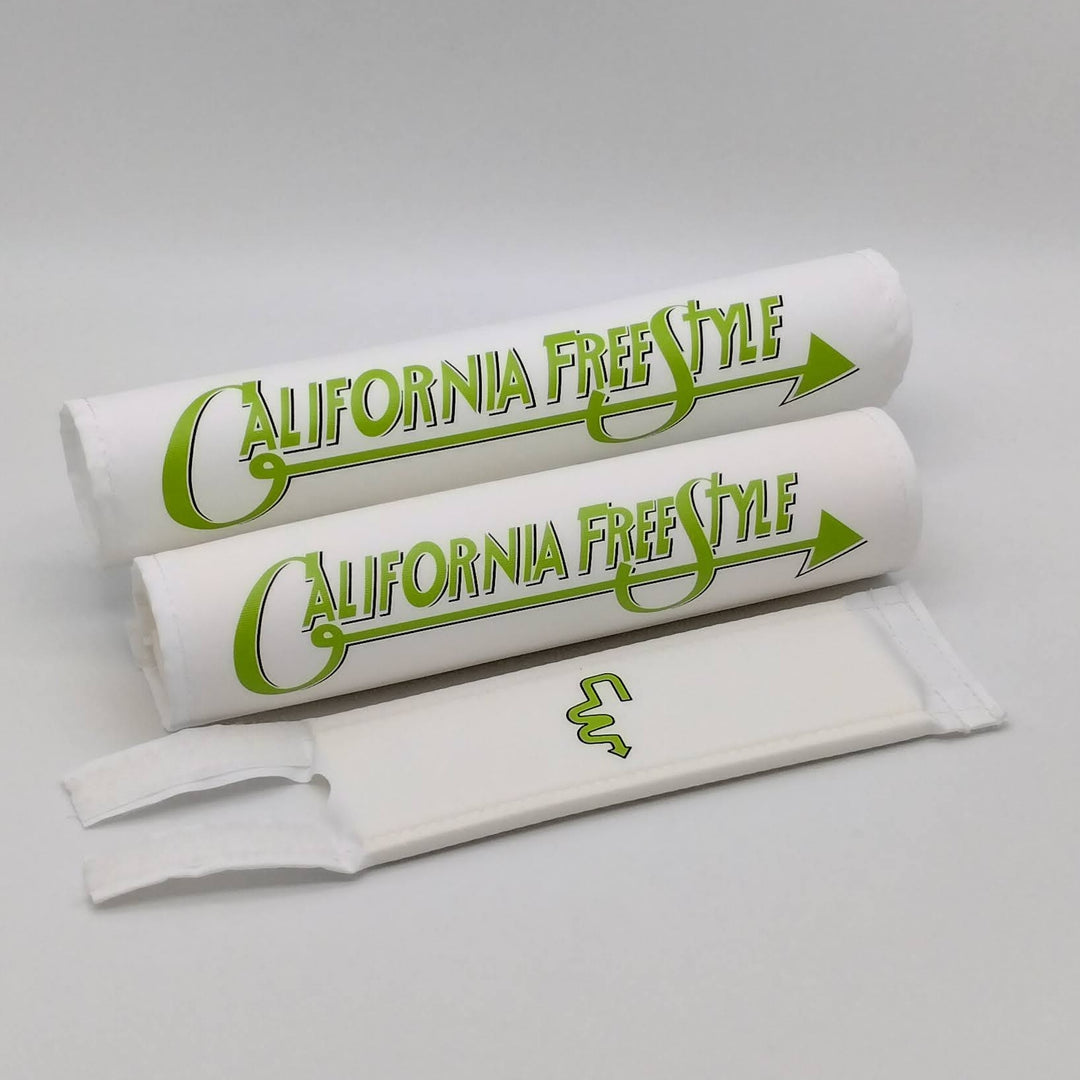 California FreeStyle 3 piece BMX Pad set by Flite licensed CW Double cross bar - fits CA Freestyle double bars.  Frame bar stem pads white textured nylon fabric with green grass  logo 