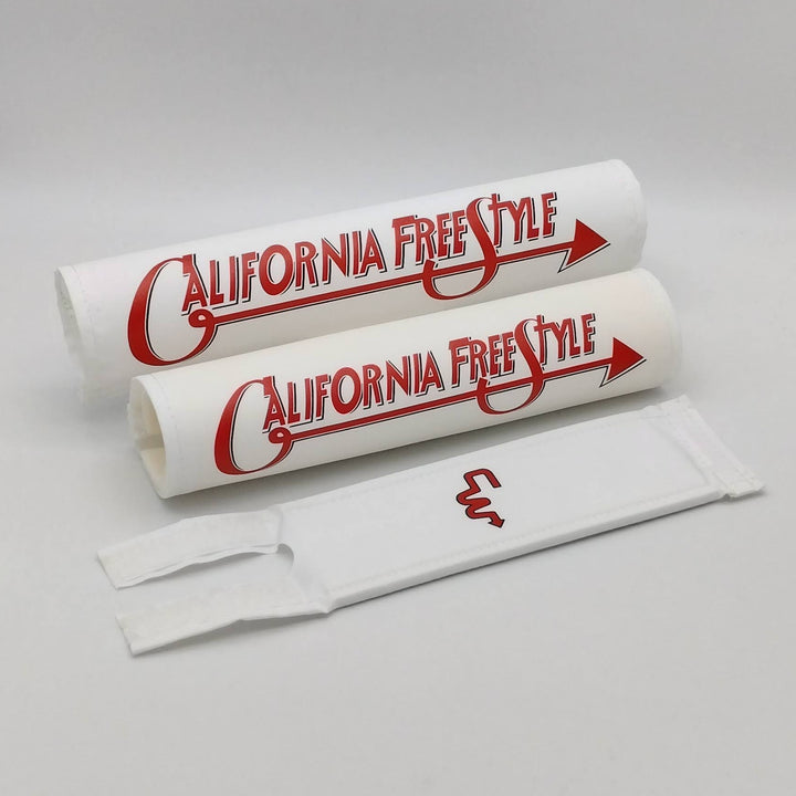 California FreeStyle 3 piece BMX Pad set by Flite licensed CW Double cross bar - fits CA Freestyle double bars.  Frame bar stem pads white textured nylon fabric with red apple logo 