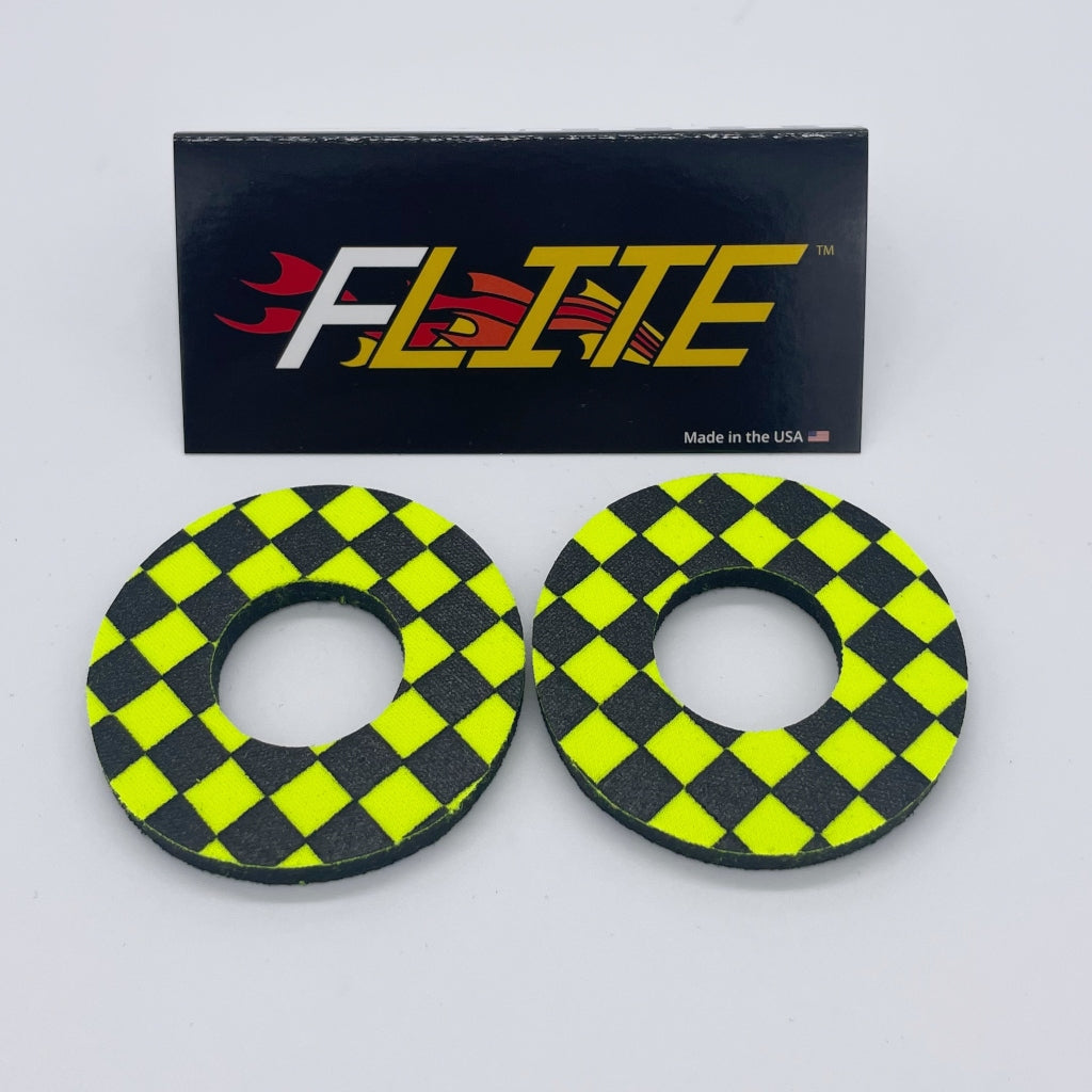 Checker Grip Donuts for MX BMX by Flite made in the USA neoprene sold as a pair black and electric yellow
