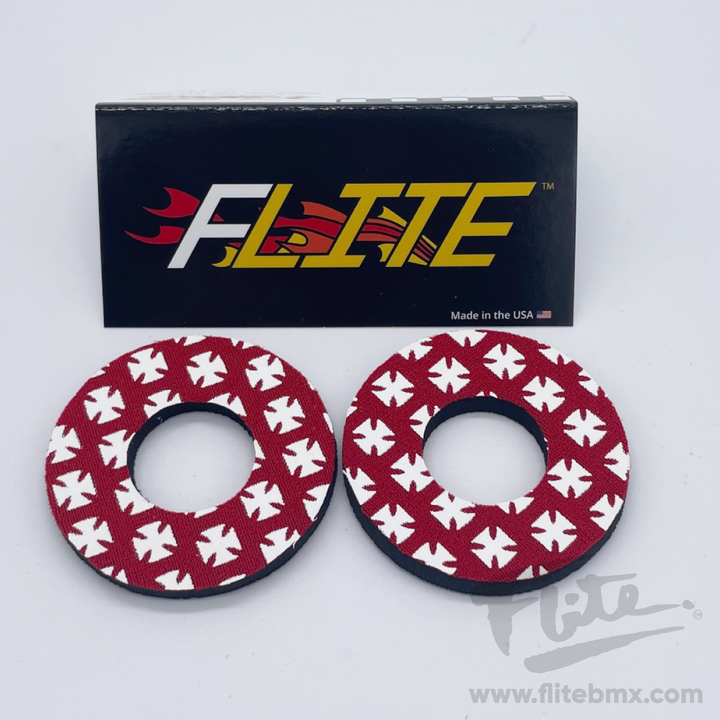 Iron Cross grip donuts for MX BMX by Flite neoprene solid in a pair red with white cross