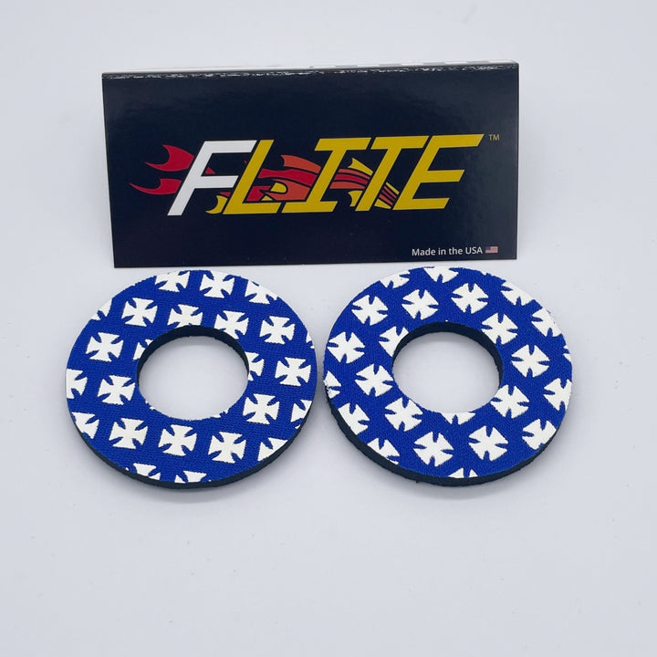 Iron Cross grip donuts for MX BMX by Flite neoprene solid in a pair blue with white cross