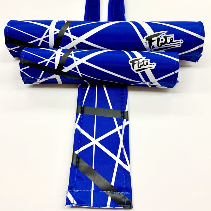 Jump! BMX Pad Set By Flite 3 piece set frame bar stem pad Red with white black stripes music printed on smooth nylon made in the USA Blue
