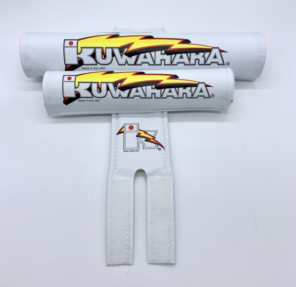 Kuwahara BMX Straight Bar Pad Set by Flite White main fabric with logo 3 piece set frame bar stem pads
