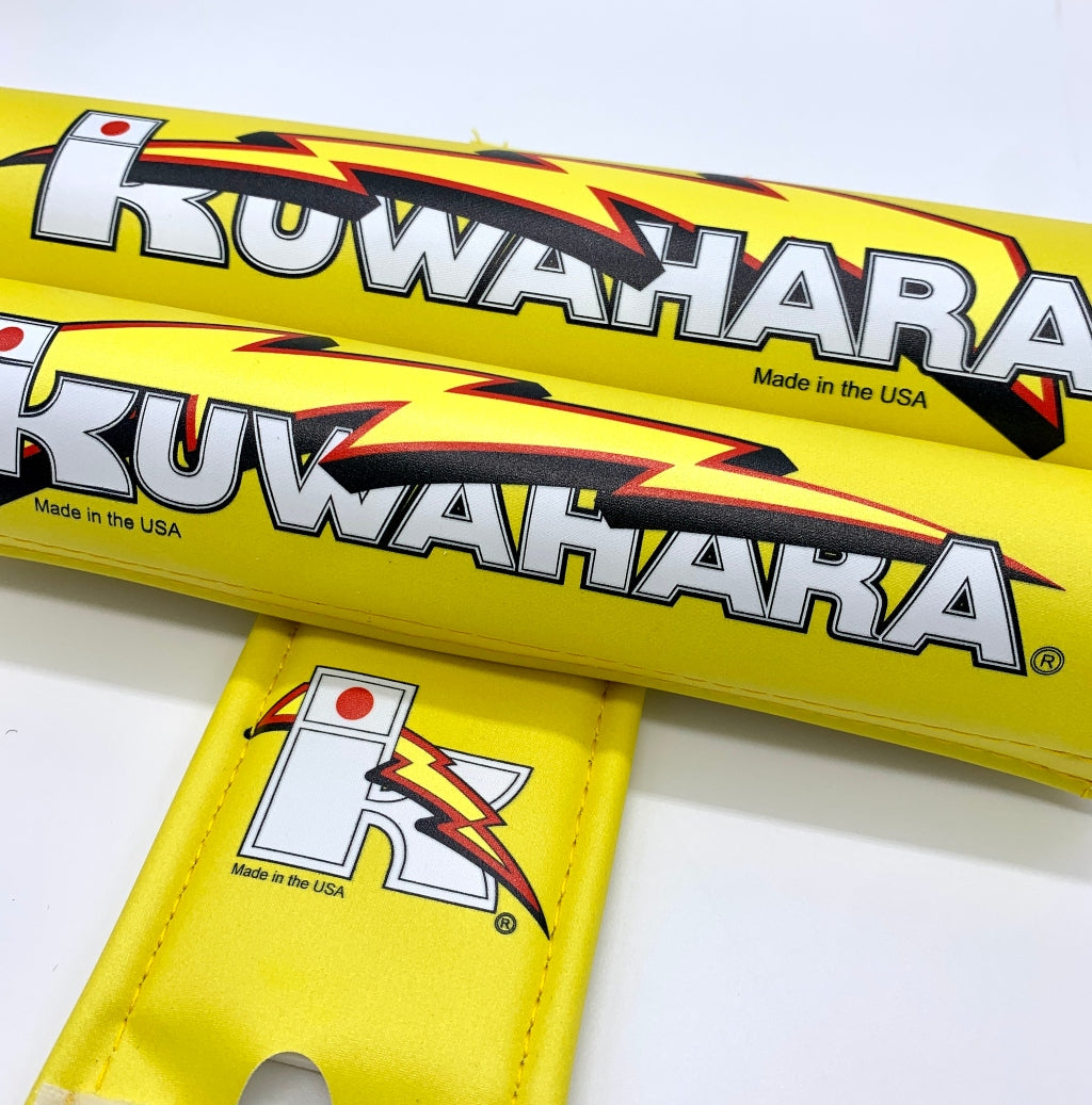 Kuwahara BMX Straight Bar Pad Set by Flite Yellow main fabric with logo 3 piece set frame bar stem pads