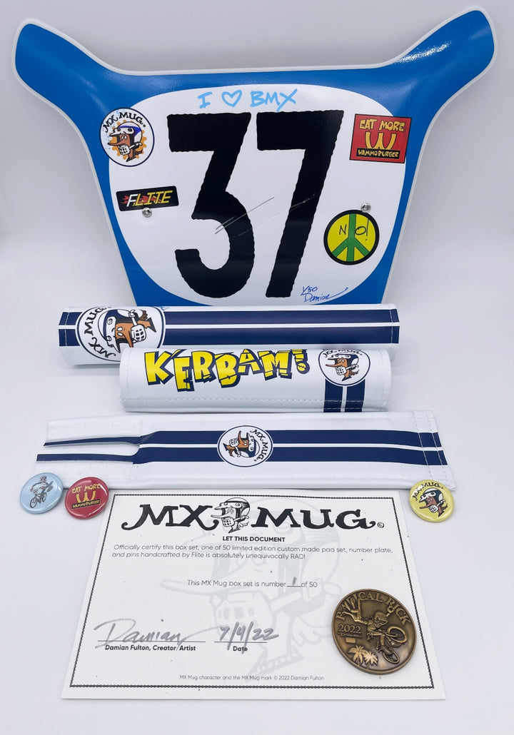 MX Mug Radical Rick charactor box set includes numberplate , 3 piece BMX padset, collector coin, pins Kerbam, eat more wammo burger, Damian Fulton, Flite BMX