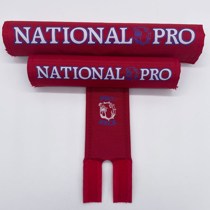 National Pro BMX Pad sets by Flite 3 piece set frame bar stem pad textured nylon printed made in the USA red with blue white logo