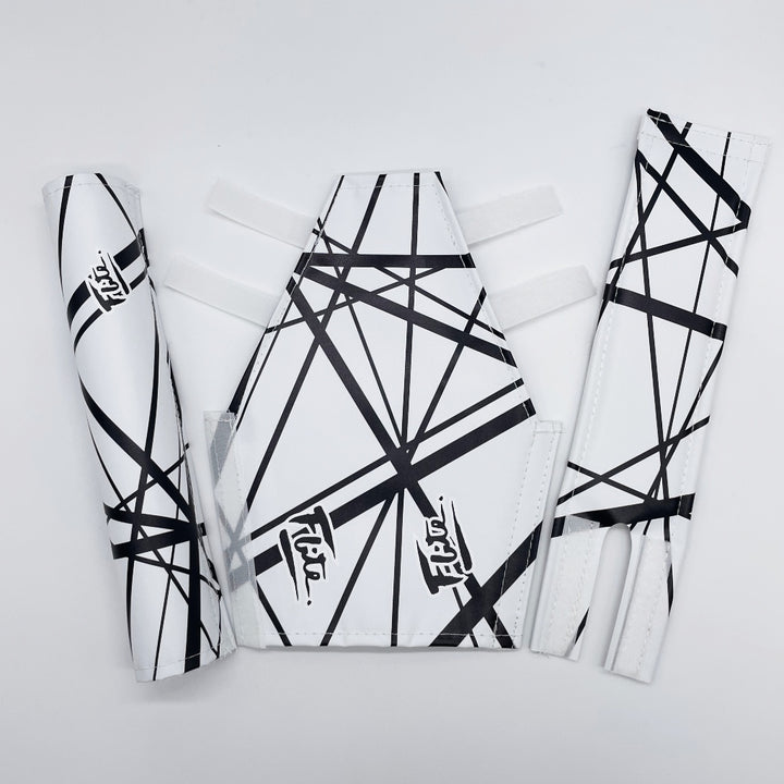 Quad Angle BMX pad set by Flite Checker with extra wide bar pad and 14" stem printed on smooth nylon Jump patter white with black stripes