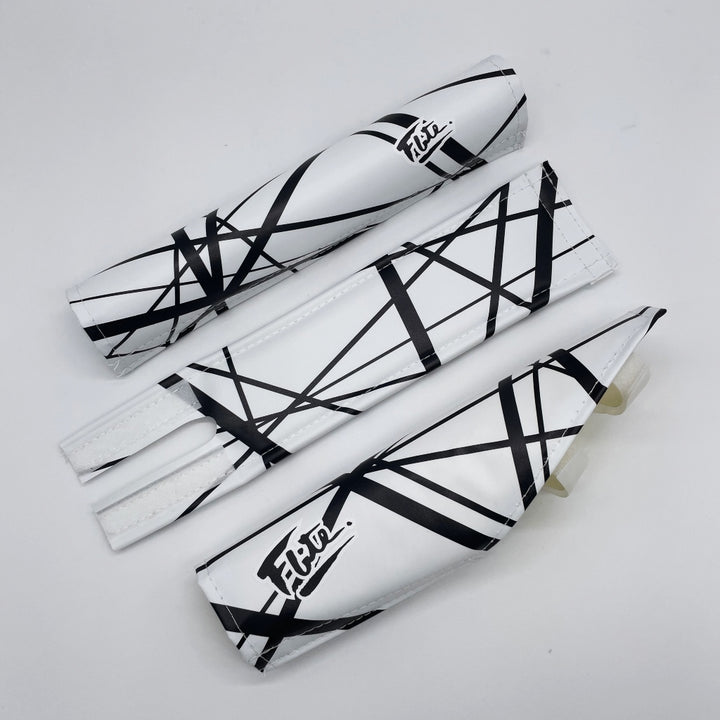 Quad Angle BMX pad set by Flite Checker with extra wide bar pad and 14" stem printed on smooth nylon Jump patter white with black stripes